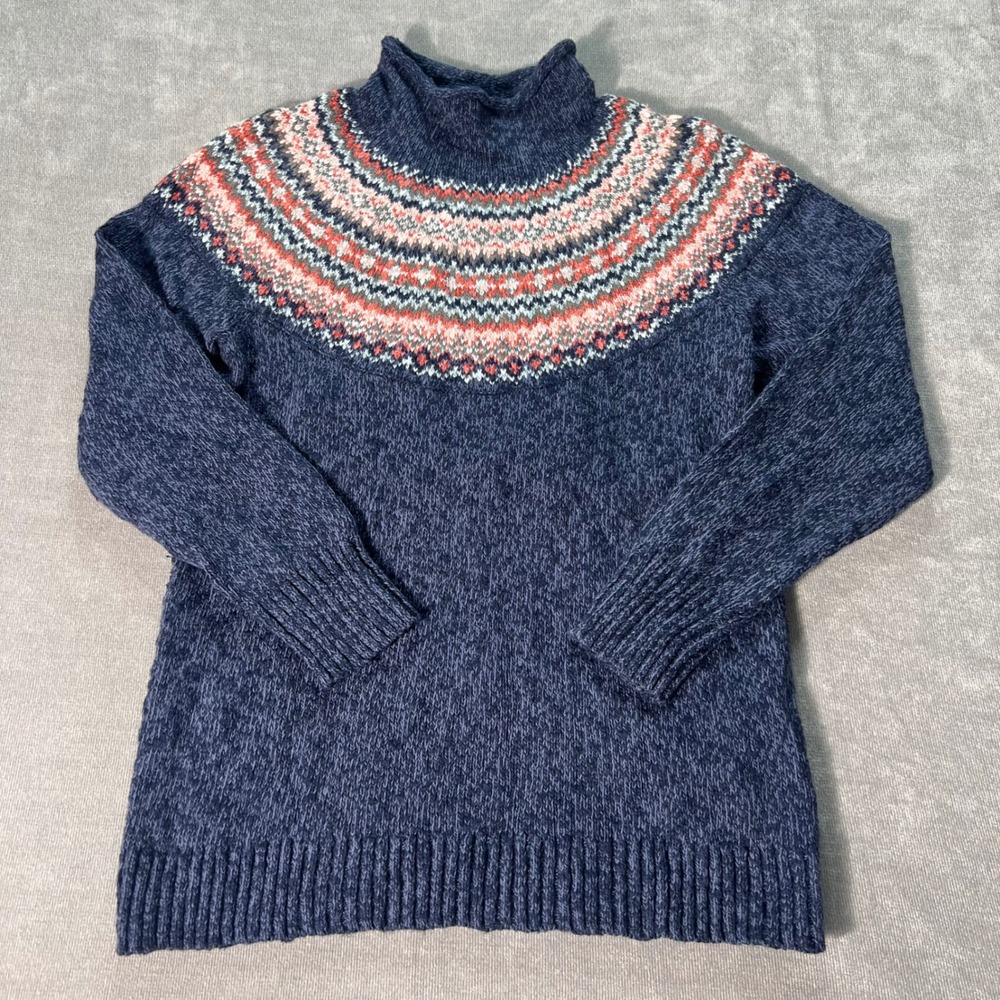 LL Bean Womens Large Fair Isle Nordic Mock Neck Cotton Sweater Navy Blue